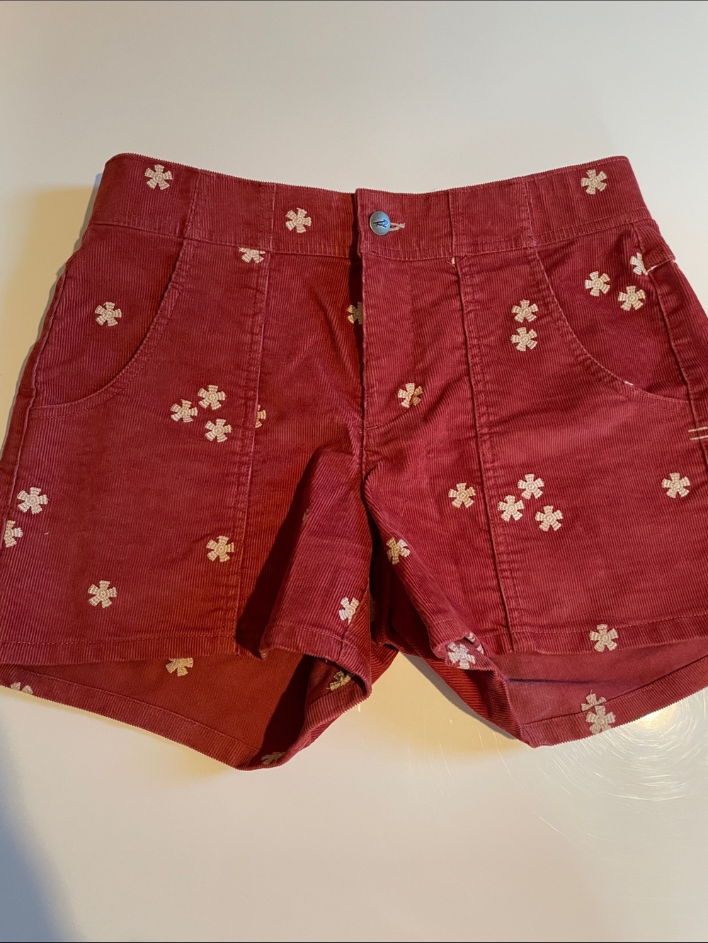 Toad&Co Red High-Waist Corduroy Shorts with White Floral Embroidery